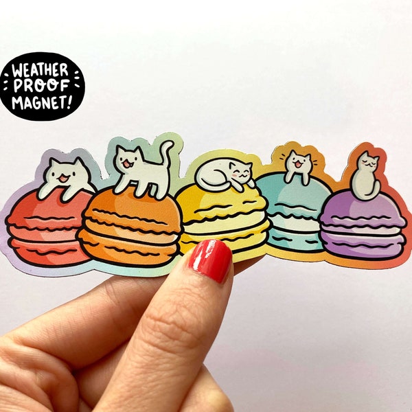 Rainbow Macaroon Cats Magnet | Pastel Rainbow Magnet | Waterproof Vinyl Car Magnet | Kawaii Food Magnet | Cute White Cats Magnet | Desserts