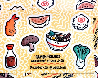 Ramen wasserdichter Aufkleber Bogen | Mini Vinyl Aufkleber | Niedliche Ramen Aufkleber | Japanisches Essen Aufkleber | Sojasauce Aufkleber | Kawaii Essen Sticker