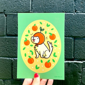 Orange Dog Print | Cute Kitchen Artwork | Kawaii Food Print| Cute dog print | Kawaii Style Art| Yellow Lab Art| Kawaii Dog Art | Small Print
