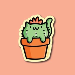 Pegatina de gato cactus / pegatina de vinilo resistente a la intemperie / pegatina de cactus lindo / pegatina de gato kawaii / pegatina de plantas de interior / pegatina de cactus en flor