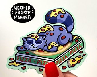 Pizza Raccoon Magnet | Cute Raccoon Art | Waterproof Vinyl Car Magnet | Kawaii Food Magnet | Anime Fridge Magnet | Pepperoni Pizza Magnet
