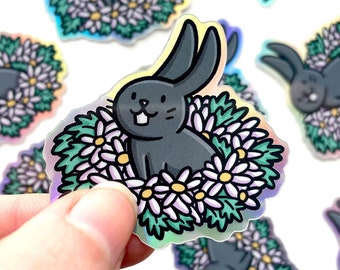 Pegatina holográfica de mini conejito / Pegatina de vinilo / Pegatina de flores lindas / Pegatina de Kawaii / Pegatina de botella de agua / Linda pegatina de conejo negro