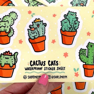 Cactus Cats Hoja de pegatinas impermeables / Mini pegatinas de vinilo / arte de gatos kawaii / lindas pegatinas de plantas / pegatinas de plantas de la casa / pegatina suculenta