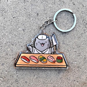 Sushi-Koch Schlüsselbund | Süßer Acryl Schlüsselanhänger | süßer Sushi Schlüsselanhänger | Sushi Schlüsselanhänger | graue Katze Schlüsselanhänger | Japanisches Essen | kawaii Essen