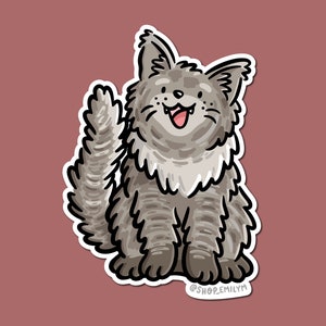 Autocollant Maine Coon | Autocollant en vinyle résistant aux intempéries| Autocollant Kawaii| Autocollant chat gris | autocollant de chat à poils longs | autocollant de races de chats| chat kawaii