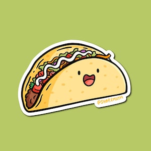 Taco-sticker | Weerbestendige vinylsticker| Kawaii-sticker| harde tacosticker | knapperige tacosticker | schattige voedselsticker | taco nachtsticker