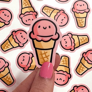 Mini Strawberry Ice Cream Cone Vinyl Sticker | Waterproof Sticker | mini ice cream sticker | strawberry ice cream sticker |  kawaii food