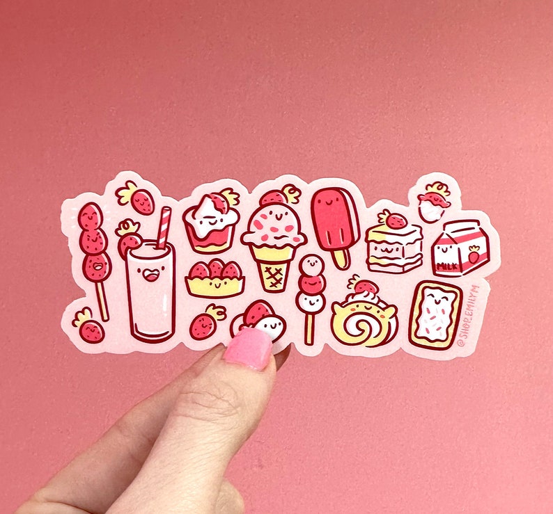 Strawberry Treats Sticker Weatherproof Vinyl Sticker Cute Strawberries Sticker Strawberry Art Happy food magnet cute pink magnet image 3