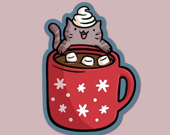 Hot Chocolate Cat Sticker| Waterproof Vinyl Sticker | Holiday sticker | Cute Winter Sticker | Kawaii Sticker | Stocking Stuffer | Hot Cocoa