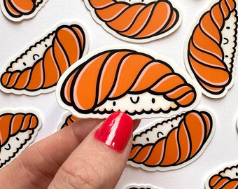 Mini autocollant sushi saumon | Sticker imperméable | Sticker vinyle kawaii | morceau d'autocollant de sushi | autocollant nigiri saumon | Cuisine japonaise