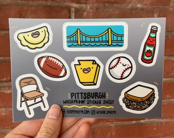 Pittsburgh Wasserdichter Aufkleber Bogen | Vinyl-Aufkleber | Pittsburgh Sticker Bogen | Parkstuhl Aufkleber | Niedliche Piroggen | Yinzer Geschenk |Ketchup