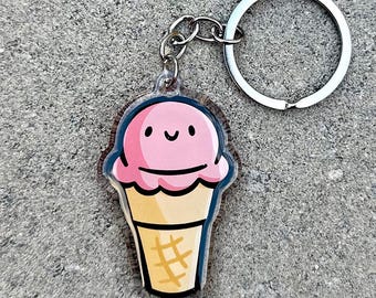 ストロベリーアイスクリームコーンキーホルダー | かわいいアクリルキーホルダー | アイスクリームキーホルダー | かわいいデザートキーホルダー | ストロベリーキーホルダー | かわいい食べ物