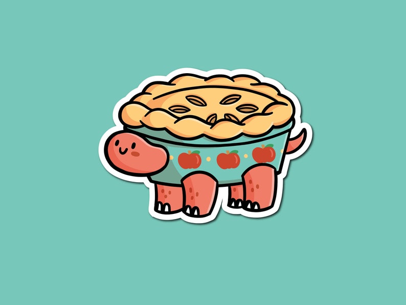 Puede incluir: Una ilustraci&oacute;n de dibujos animados de una tortuga que lleva una costra de pastel como caparaz&oacute;n. La costra de pastel est&aacute; llena de manzanas y tiene un color marr&oacute;n claro. La tortuga es roja y tiene una cara feliz.