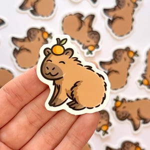 May include: A brown capybara sticker with a small orange on its head. The sticker is on a white background and is being held by a hand.