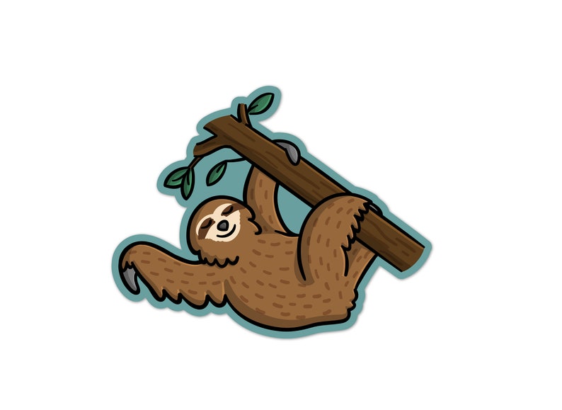 May include: A cartoon illustration of a brown sloth hanging upside down from a tree branch with green leaves. The sloth has a happy expression on its face.