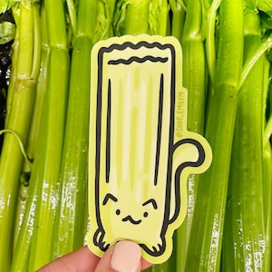 Autocollant chat céleri | Autocollant en vinyle résistant aux intempéries | Autocollant Kawaii| Chats végétariens | Autocollant végétarien | Autocollant tige de céleri | L'art de la nourriture saine