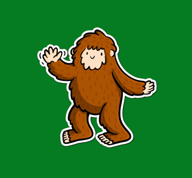 Puede incluir: Una ilustraci&oacute;n de dibujos animados de un Bigfoot marr&oacute;n con una sonrisa amigable, saludando con una mano.