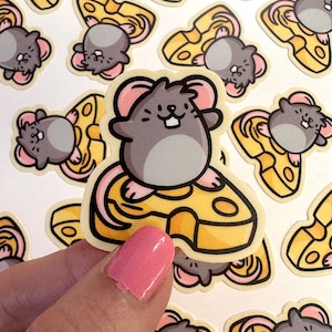 Mini Surfing Cheese Mouse Vinyl Sticker | Waterproof Phone Sticker | cute mouse sticker | Mouse with cheese sticker | gray mouse sticker