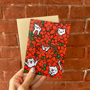 Pour Les Fêtes de chats poinsettia | Carte rouge et verte | Fleurs de Noël | Jolie carte de Noël | de voeux de Noël | Papeterie de Noël