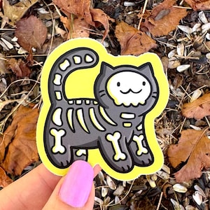 Pegatina de gato esqueleto / Linda pegatina de Halloween / Pegatina impermeable / Pegatina de esqueleto espeluznante / Linda pegatina de esqueleto / Pegatina de truco o trato