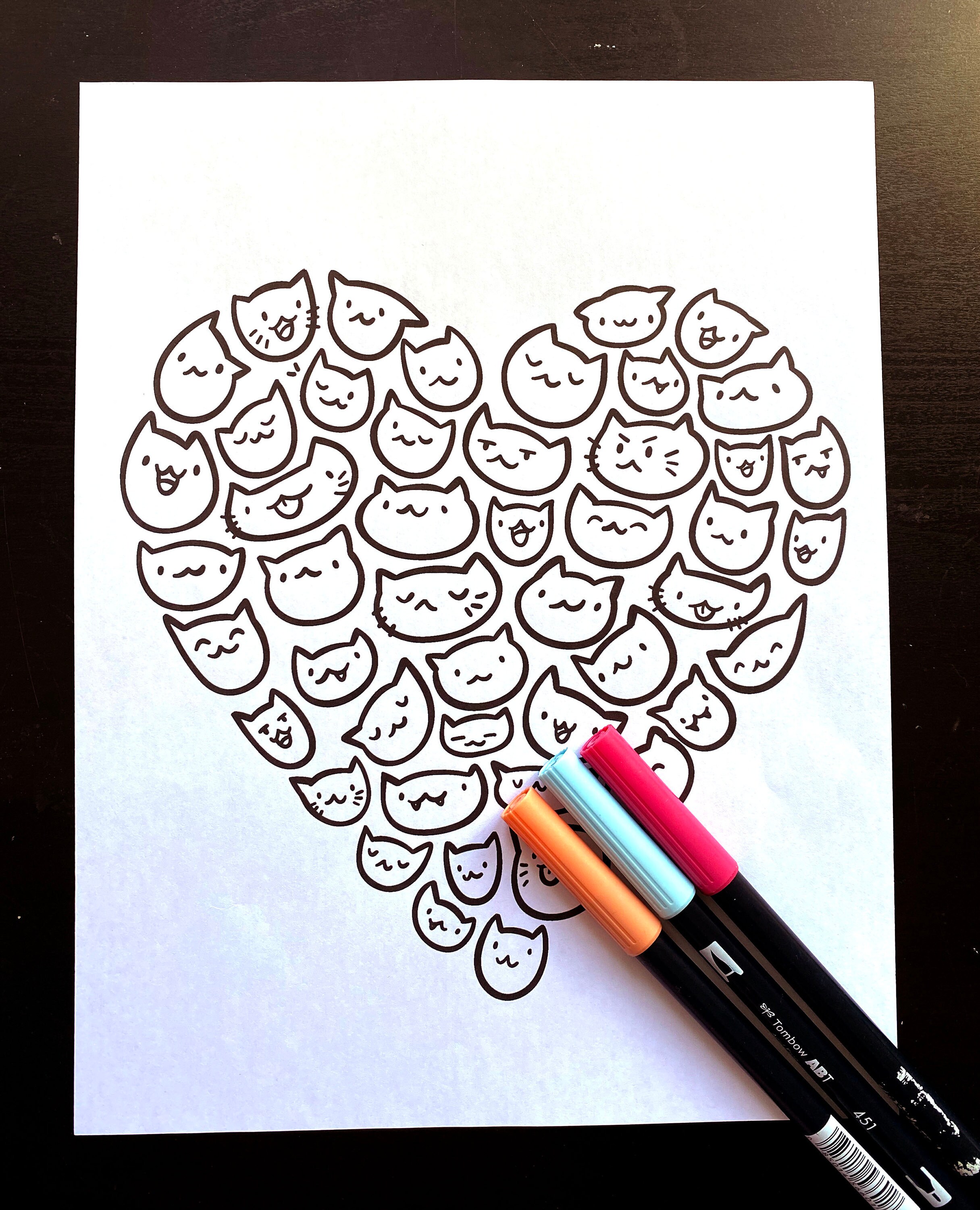 Cat Heart Coloring Page Cat Themed Printable Coloring book | Etsy