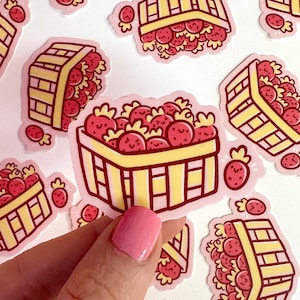 Basket of Strawberries Mini Sticker | Waterproof Sticker |Kawaii Vinyl Sticker | Cute mini sticker | Strawberry sticker | cute pink sticker