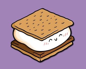 May include: A cartoon illustration of a s'more on a purple background. The s'more consists of a graham cracker top and bottom, a white marshmallow with a smiling face, and a chocolate layer. The marshmallow has pink cheeks.
