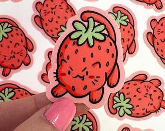 Mini adesivo de vinil gato morango | Adesivo de telefone à prova d'água | Etiqueta do gato de Kawaii de <br> Entrega Rápida? mini adesivo de morango | adesivo de fruta fofa | comida kawaii