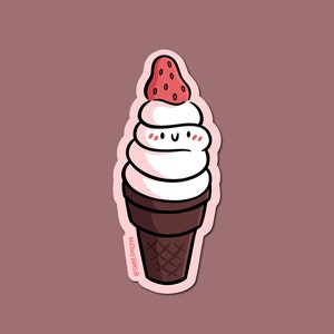 Strawberry Ice Cream Cone Sticker | Weatherproof Vinyl Sticker | Cute Strawberries Sticker | Vanilla ice cream sticker | kawaii desserts art