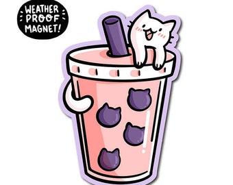 Pink Bubble Tea Cat Magnet | Pink Boba Tea Fridge Magnet | Kawaii Style Artwork | Cute Food | Car Magnet | Waterproof Magnets | White Cats