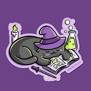 Reading Witch Cat Sticker| Weatherproof Vinyl Sticker| Kawaii halloween Sticker| Black cat sticker | cute witch sticker | spell book sticker