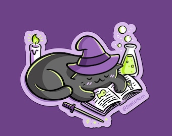 Hexen-Katzenaufkleber | Wetterfester Vinyl-Aufkleber | Kawaii Halloween Aufkleber | Schwarze Katze Aufkleber | süßer Hexenaufkleber | Zauberbuch Aufkleber
