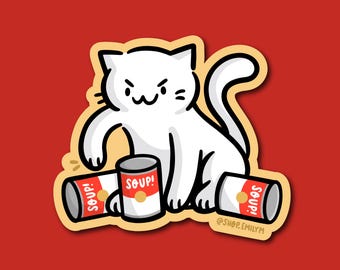 Tomato Soup Cat Sticker | Weatherproof Vinyl Sticker | kawaii white cat | pittsburgh soup sticker |can of soup sticker |cat and soup sticker