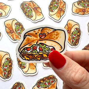 May include: A collection of stickers featuring a cartoon burrito with a smiling face. The burrito is filled with lettuce, tomatoes, and meat, with a light brown tortilla. The stickers are on a white background.