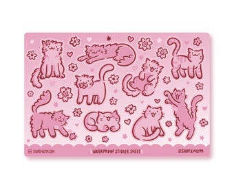 Cats and Flowers Waterproof Sticker Sheet |Vinyl Stickers |pink cat stickers |pink flowers sticker sheet | hearts stickers | cherry blossoms