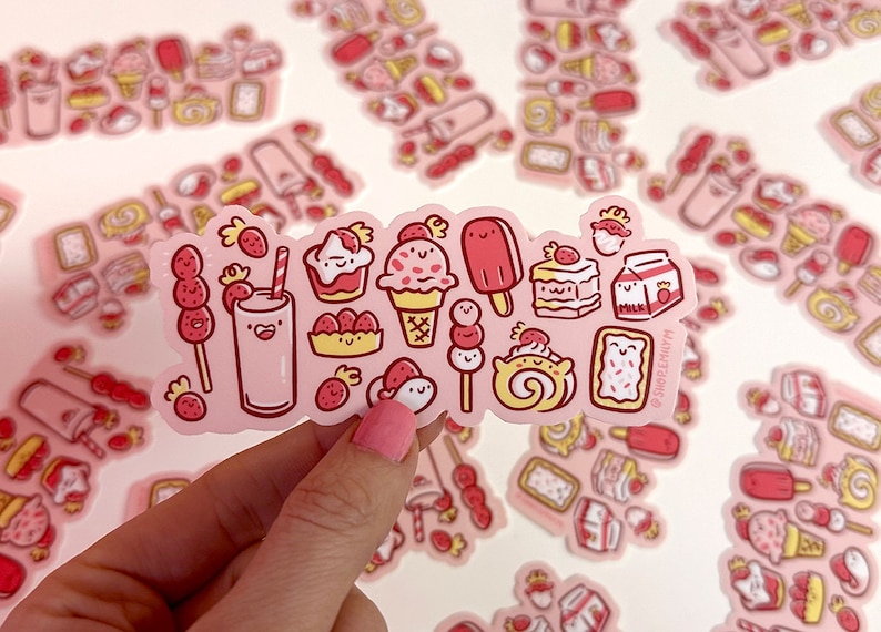 Strawberry Treats Sticker Weatherproof Vinyl Sticker Cute Strawberries Sticker Strawberry Art Happy food magnet cute pink magnet image 2