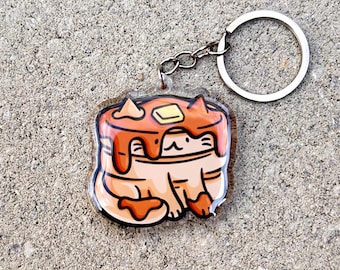 Pfannkuchen Katze Schlüsselbund | Süßer Acryl Schlüsselanhänger | Kawaii Essen Schlüsselanhänger | Stapel Pfannkuchen Schlüsselanhänger | Frühstück Schlüsselanhänger | süßer Brunch Schlüsselanhänger
