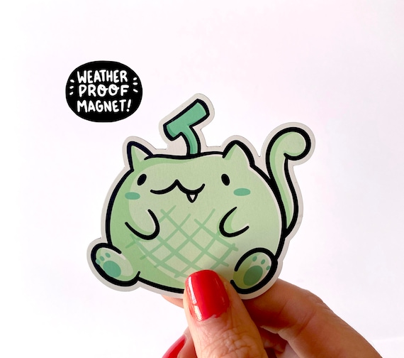 Melon Cat Weatherproof Magnet | Strong Waterproof Car Magnet | Japanese Food Inspired | Anime Magnets | Cute Fruits | Kawaii Cat Artwork