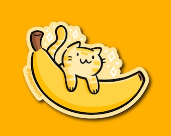 Pegatina de gato banana / Pegatina de vinilo resistente a la intemperie / Pegatina de fruta kawaii / Pegatina de gato amarillo / Pegatina de plátano lindo / Pegatina de comida kawaii