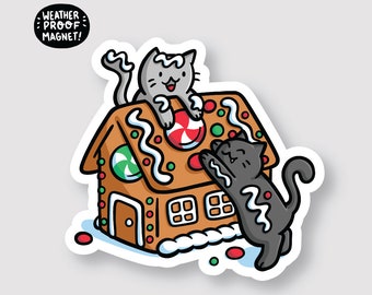 Gingerbread Cats Weatherproof Magnet |Waterproof Car Magnet | Holiday Art| Christmas Decoration| Gingerbread House Magnet | Christmas Magnet