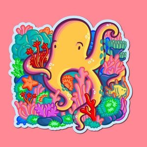 May include: A colorful sticker featuring an octopus surrounded by coral and sea life. The octopus is yellow with purple accents, and the coral is red, pink, and orange. A starfish and fish are also visible. The sticker has a light blue border and a pink background.