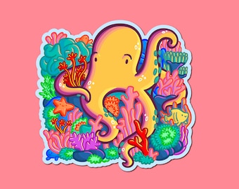 Pegatina de vinilo de pulpo / linda pegatina submarina / pegatina del océano / criaturas marinas Kawaii / pegatina de arrecife de coral / pez lindo / pegatina impermeable