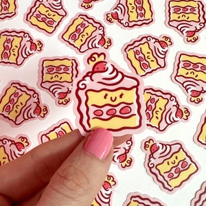 Mini autocollant gâteau aux fraises | Sticker imperméable | Sticker nourriture kawaii | sticker gâteau rose | Sticker Part de gâteau | Sticker morceau de gâteau
