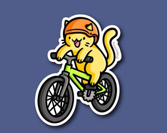 Biking Cat Sticker | Weatherproof Vinyl Sticker| kawaii cat sticker| bike ride sticker| biker sticker| riding bikes sticker |cat riding bike