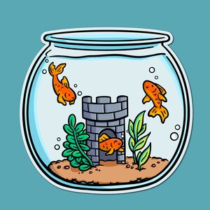 May include: A cartoon illustration of a fishbowl with three goldfish swimming inside. The fishbowl has a grey stone castle structure at the bottom with plants growing around it.