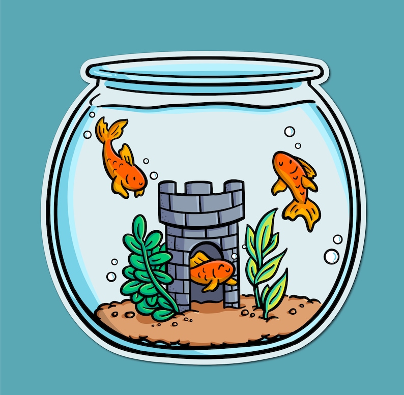 May include: A cartoon illustration of a fishbowl with three goldfish swimming inside. The fishbowl has a grey stone castle structure at the bottom with plants growing around it.