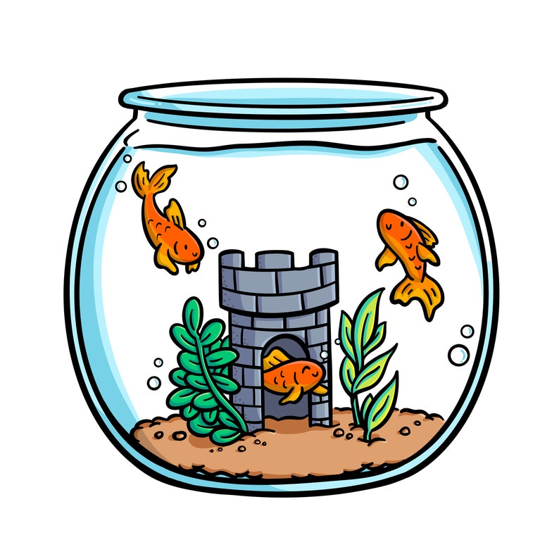 May include: A round glass fishbowl with three orange goldfish swimming inside. The fishbowl has a grey stone castle structure at the bottom with sand and green plants.