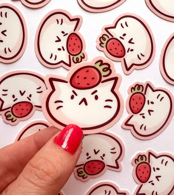 Strawberry Head Cat Mini Sticker | Waterproof Sticker |white cat Sticker | pink pastel sticker | grumpy cat sticker | strawberry sticker