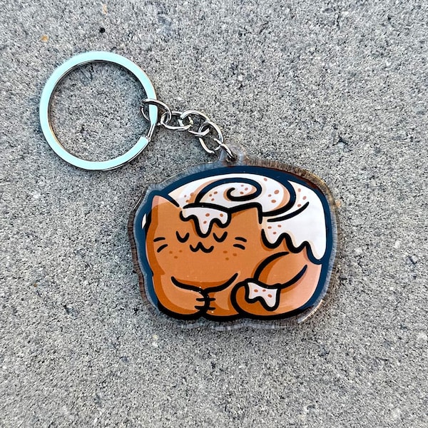 Cinnamon Roll-Katze Keychain | Süßer Acryl Schlüsselanhänger | Zimtschnecke Schlüsselanhänger | süßer Brötchen Schlüsselanhänger | Backwaren Schlüsselanhänger | süßem Katzen Schlüsselanhänger