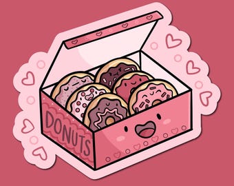 May include: A pink and white box with the word "Donuts" printed on the side. The box is open and filled with six pink and white doughnuts with happy faces. The box has a happy face and is surrounded by pink hearts.